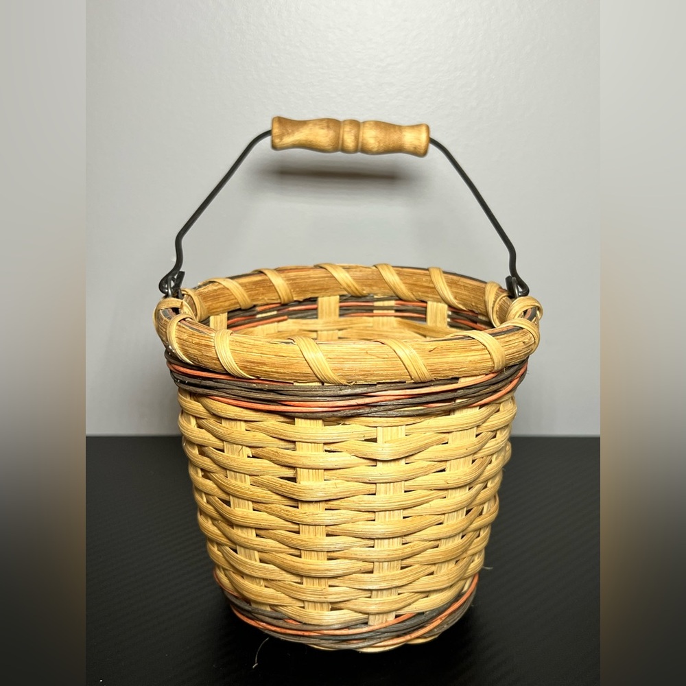 Swing Handle Basket with Wood Bottom Metal and Wood Handle Signed